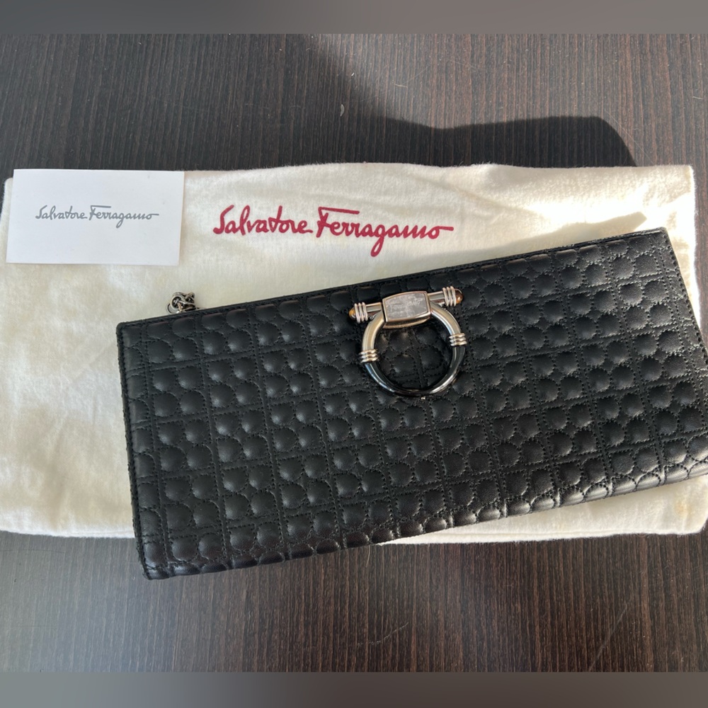 Salvatore Ferragamo Black Quilted Leather Gancio Clutch Bag